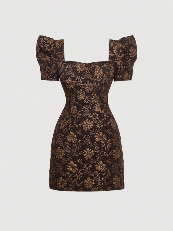 Mod vestido floral jacquard de cuello cuadrado de manga farol