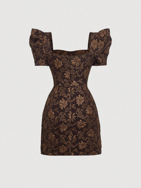 Mod vestido floral jacquard de cuello cuadrado de manga farol