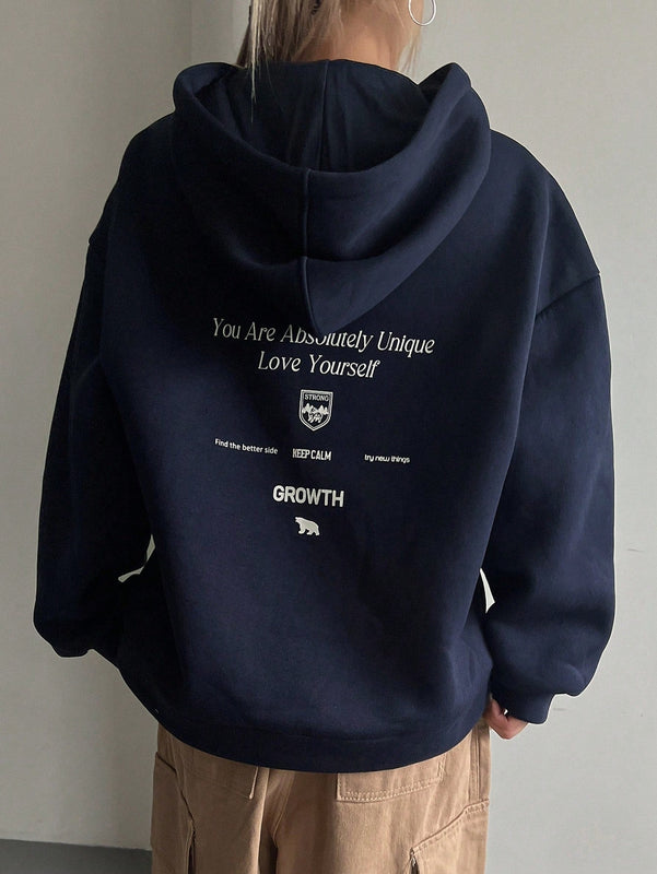 Dazy sudadera con capucha minimalista con estampado de letras para mujer, uso casual diario