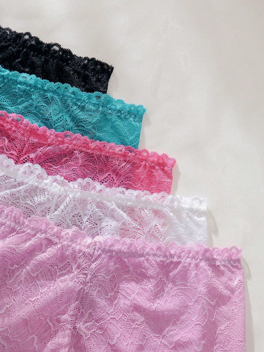 5 piezas Boyshorts con encaje floral ribete en abanico