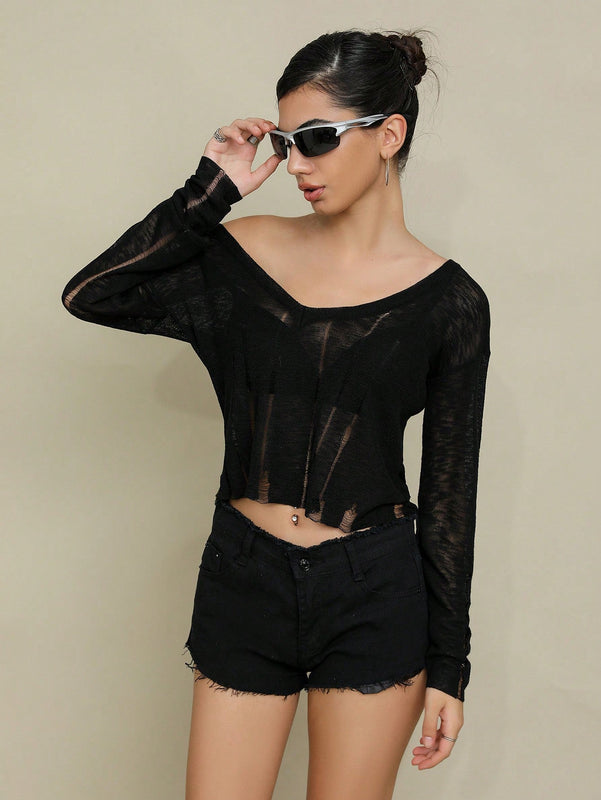 EZwear Jersey crop unicolor de hombros caidos