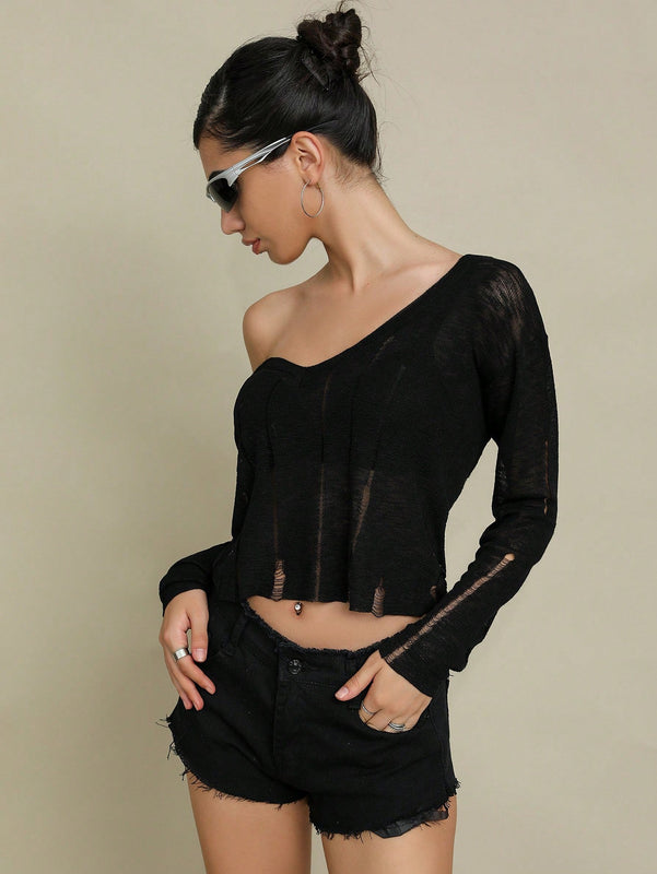 EZwear Jersey crop unicolor de hombros caidos