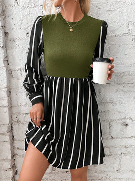 Vestido con estampado de rayas de manga farol