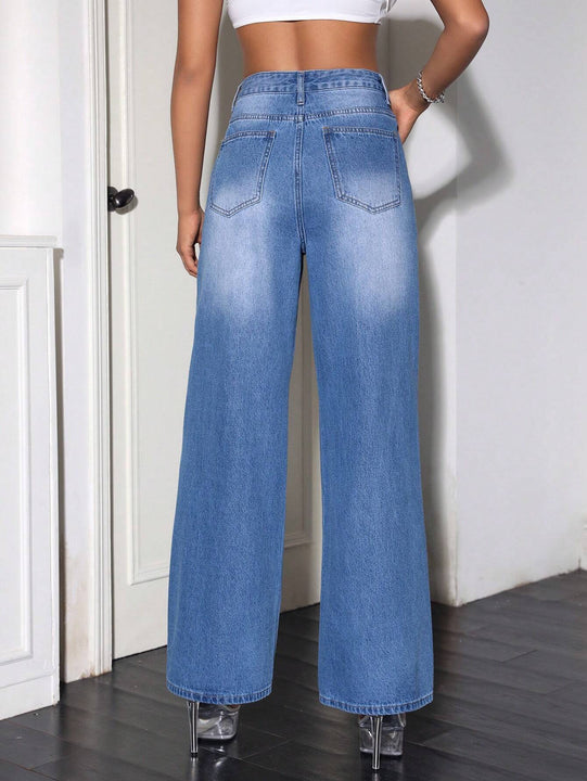 1 pieza Jeans de pierna recta de talle alto desgarro crudo con lavado desgarro