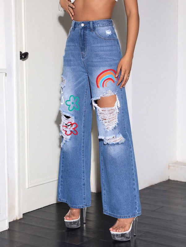 1 pieza Jeans de pierna recta de talle alto desgarro crudo con lavado desgarro