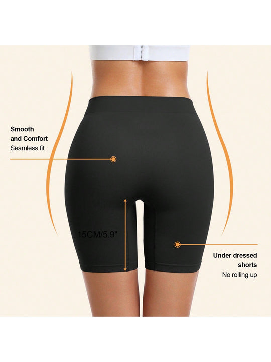 Pantalones Cortos De Bicicleta Solidos Con Cintura De Banda Ancha, Pantalones Cortos Moldeadores Comodos Y Sin Costuras Para Mujeres, Para Usar Debajo De Faldas