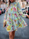 Vestido smock con estampado floral de manga farol bajo con fruncido