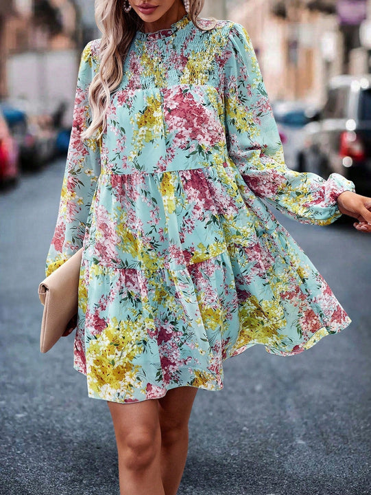 Vestido smock con estampado floral de manga farol bajo con fruncido