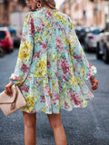 Vestido smock con estampado floral de manga farol bajo con fruncido