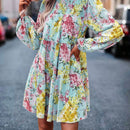 Vestido smock con estampado floral de manga farol bajo con fruncido