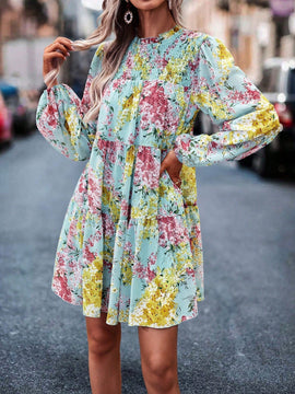 Vestido smock con estampado floral de manga farol bajo con fruncido