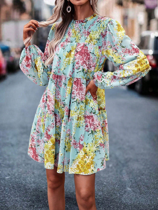 Vestido smock con estampado floral de manga farol bajo con fruncido