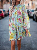 Vestido smock con estampado floral de manga farol bajo con fruncido