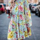 Vestido smock con estampado floral de manga farol bajo con fruncido