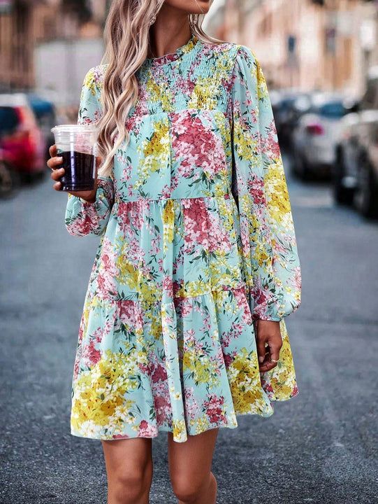 Vestido smock con estampado floral de manga farol bajo con fruncido