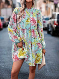 Vestido smock con estampado floral de manga farol bajo con fruncido