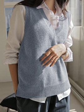 DAZY Chaleco De Sueter Solido Con Cuello En V Y Sin Blusa