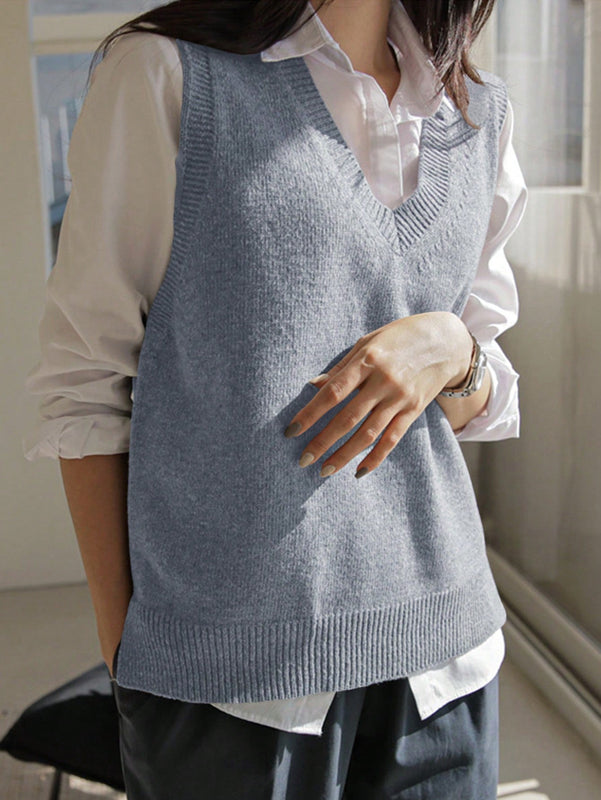 DAZY Chaleco De Sueter Solido Con Cuello En V Y Sin Blusa