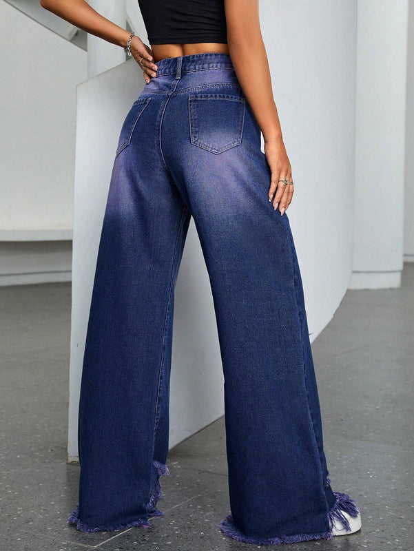 EZwear Jeans anchos con dobladillo con flecos rasgados