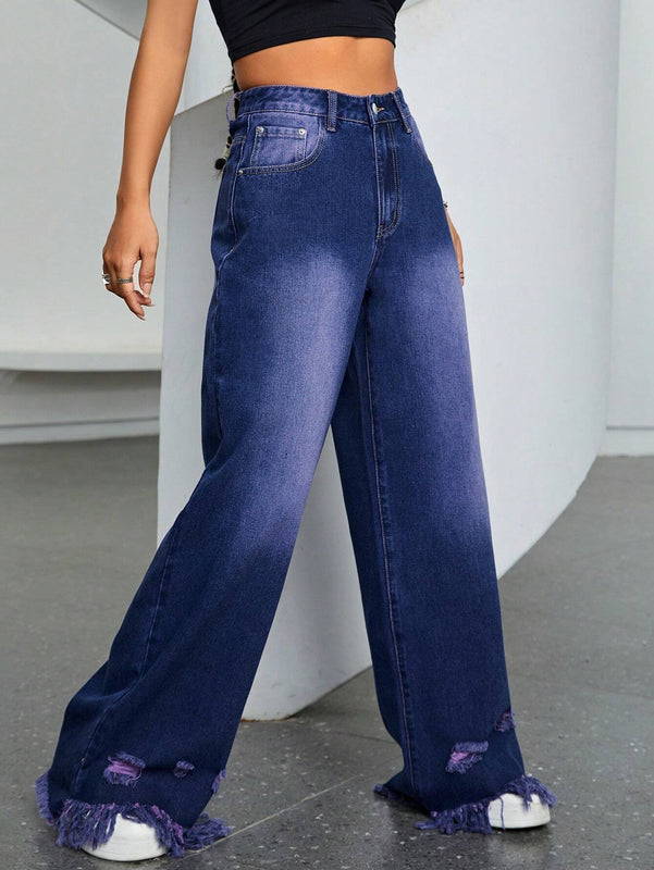EZwear Jeans anchos con dobladillo con flecos rasgados