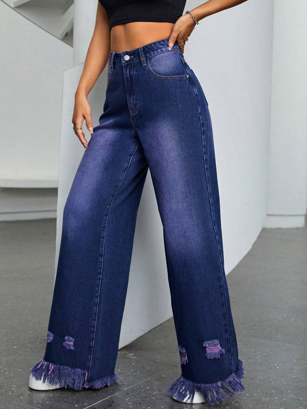 EZwear Jeans anchos con dobladillo con flecos rasgados