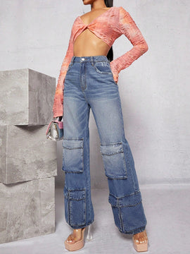 Haute Jeans De Pierna Ancha Con Bolsillos De Solapa Y Estilo Cargo