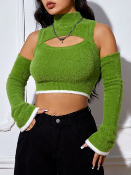 EZwear Jersey crop con abertura delantera de hombros descubiertos ribete en contraste