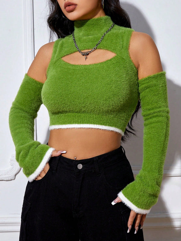 EZwear Jersey crop con abertura delantera de hombros descubiertos ribete en contraste
