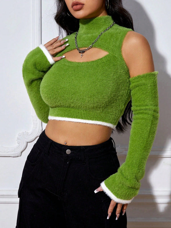 EZwear Jersey crop con abertura delantera de hombros descubiertos ribete en contraste