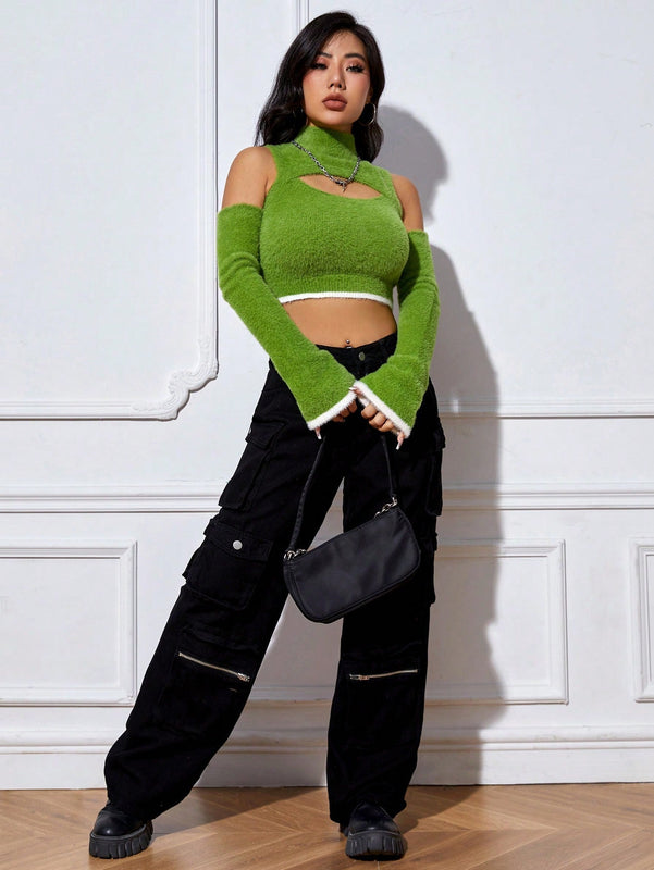 EZwear Jersey crop con abertura delantera de hombros descubiertos ribete en contraste