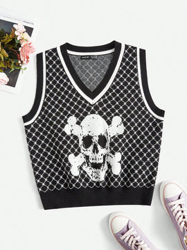 EZwear Chaleco de punto Halloween con patron de craneo sin camiseta