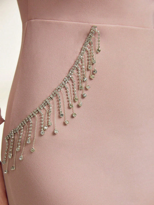 Modely Vestido ajustado de malla en contraste de manga farol con abertura trasera