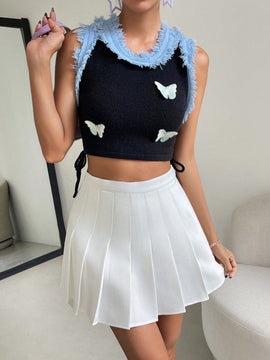 Qutie Chaleco de punto crop con parche de mariposa ribete en contraste