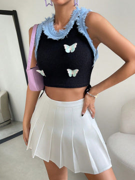 Qutie Chaleco de punto crop con parche de mariposa ribete en contraste
