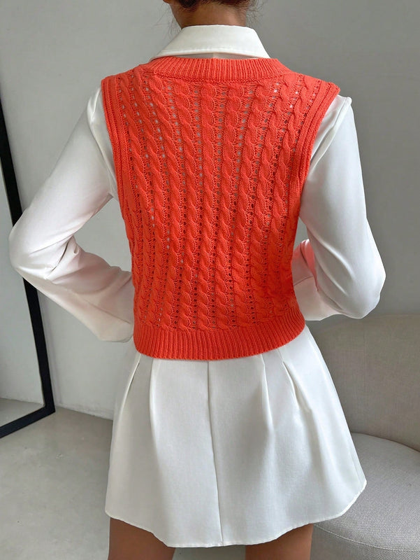 EZwear Chaleco de punto con patron de letra tejido de cable sin camisa
