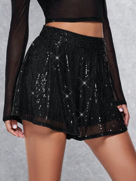 BAE Minifalda A-linea negra con lentejuelas de moda de verano para mujer