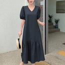 DAZY Vestido unicolor de manga farol bajo con fruncido