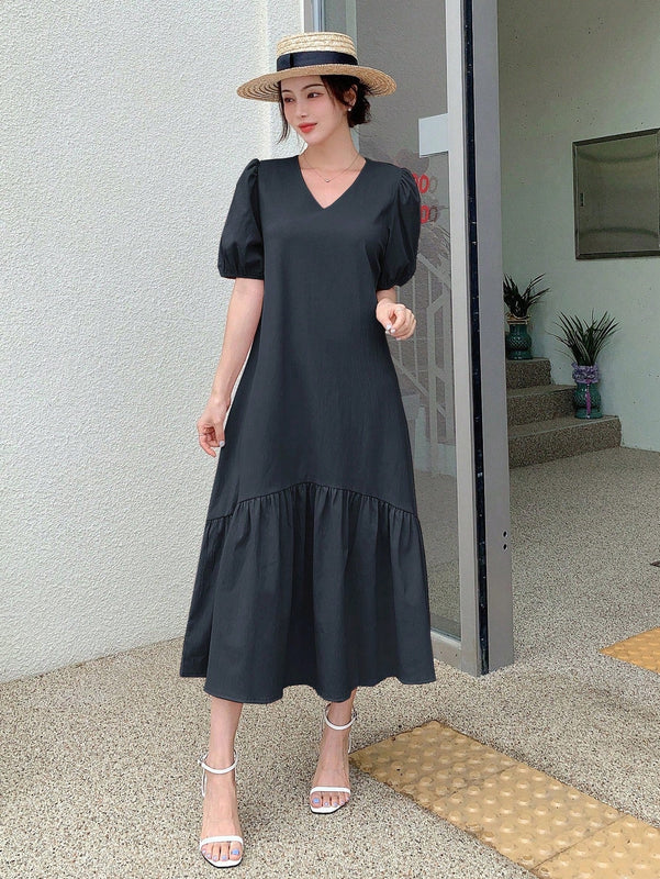 DAZY Vestido unicolor de manga farol bajo con fruncido