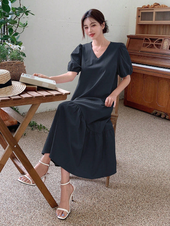 DAZY Vestido unicolor de manga farol bajo con fruncido