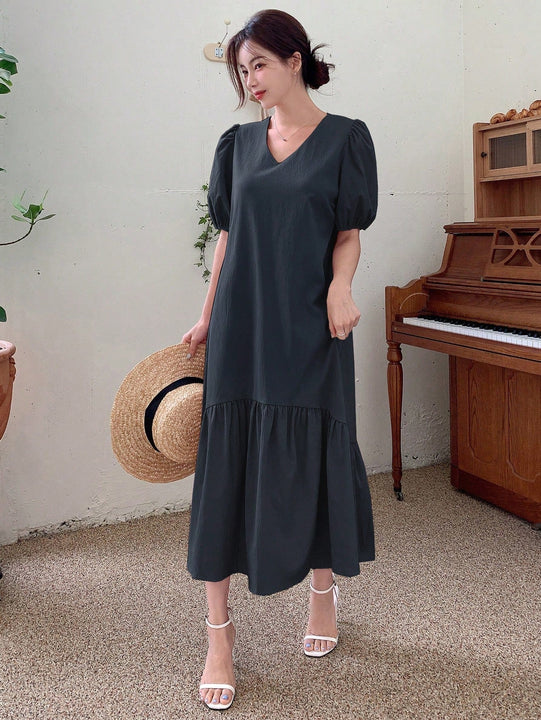 DAZY Vestido unicolor de manga farol bajo con fruncido