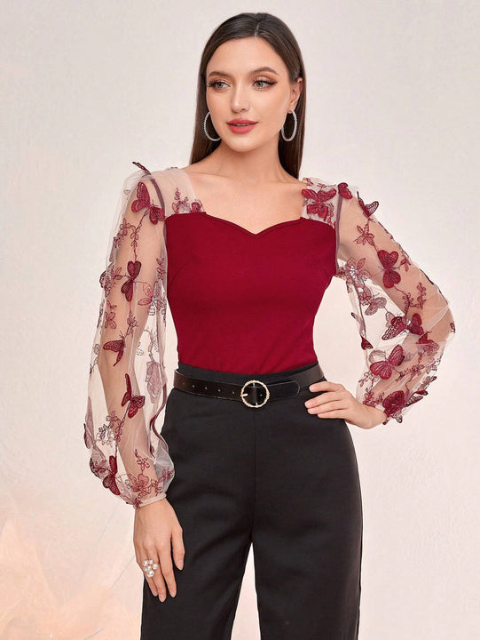 Modely Top con mariposa aplique de malla de manga farol escote corazon