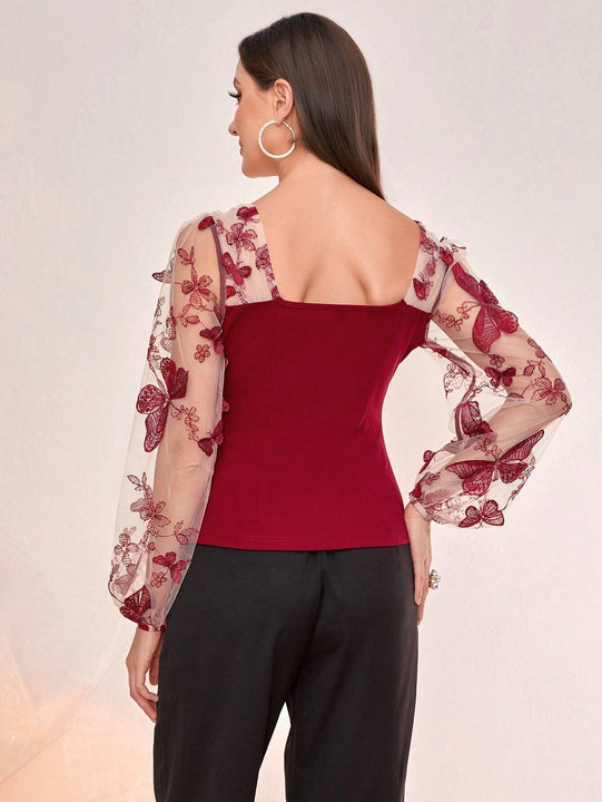 Modely Top con mariposa aplique de malla de manga farol escote corazon