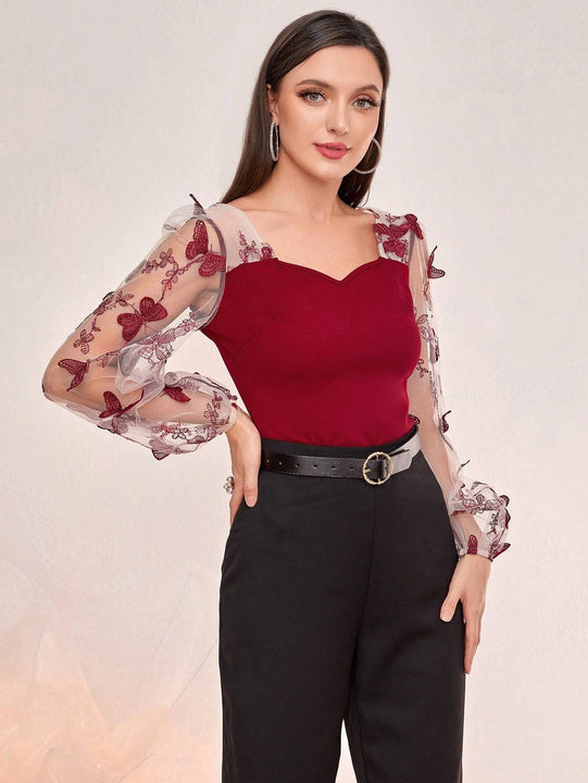 Modely Top con mariposa aplique de malla de manga farol escote corazon