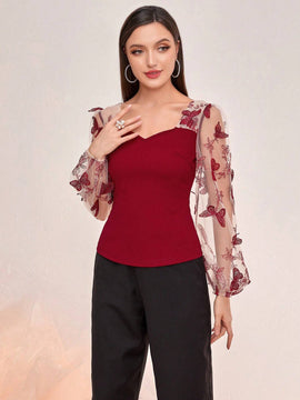 Modely Top con mariposa aplique de malla de manga farol escote corazon