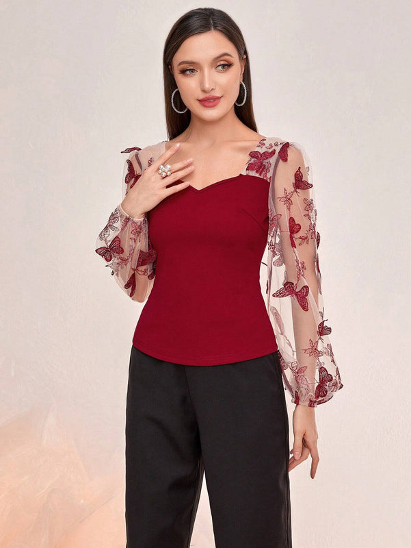 Modely Top con mariposa aplique de malla de manga farol escote corazon