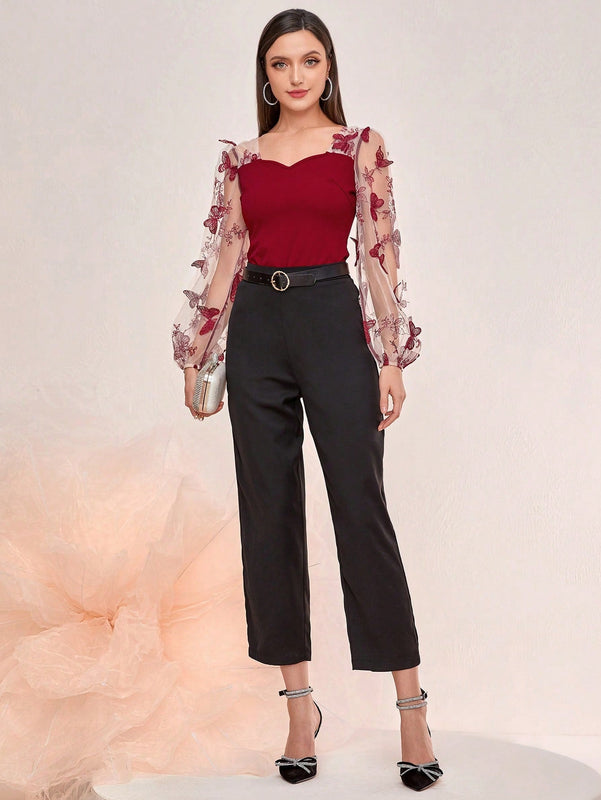 Modely Top con mariposa aplique de malla de manga farol escote corazon