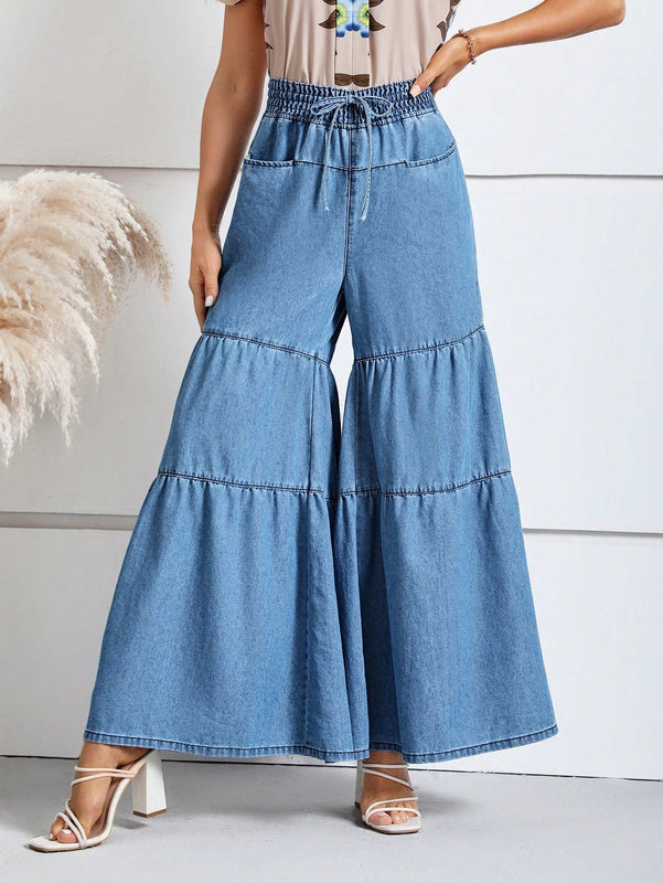 LUNE Jeans de cintura con cordon bajo con fruncido de pierna ancha