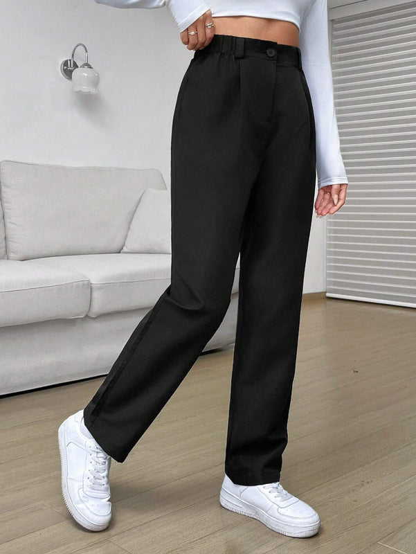 EZwear Pantalones De Pierna Recta Con Cintura Alta