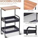 Carro de Utilidad de 3 Niveles TOOLF con Tapete de Madera - Estructura Metálica Resistente, Ruedas Bloqueables y Almacenamiento Adicional - Carrito Organizador Negro Versátil para Cocina, Oficina, Aula, Carrito de Almacenamiento Rodante