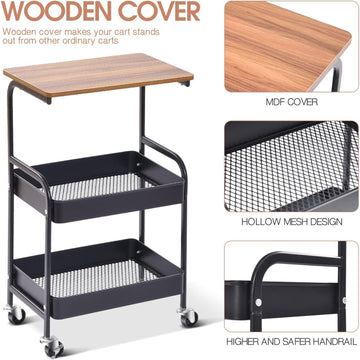Carro de Utilidad de 3 Niveles TOOLF con Tapete de Madera - Estructura Metálica Resistente, Ruedas Bloqueables y Almacenamiento Adicional - Carrito Organizador Negro Versátil para Cocina, Oficina, Aula, Carrito de Almacenamiento Rodante